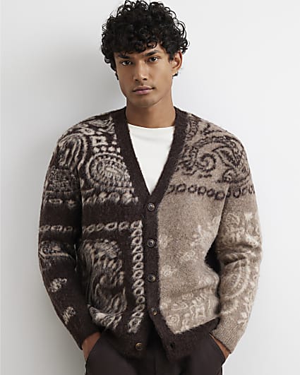 Brown Boxy Fit Paisley Brushed Cardigan