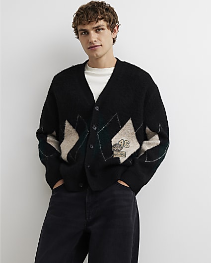 Black Boxy Fit Cotton Argyle Print Cardigan