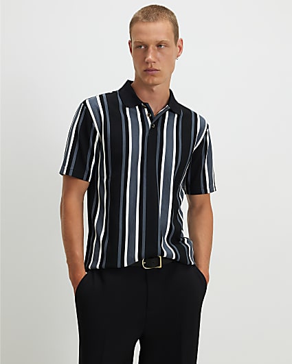 Black Slim Fit Textured Stripe Polo Shirt