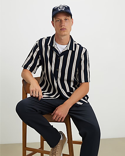 Navy Regular Fit Textured Stripe Polo Shirt