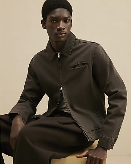 Brown Regular Fit Cotton Zip Through Jacket
