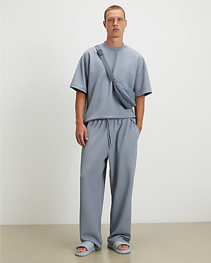 Blue Waffle Textured Wide Leg Joggers