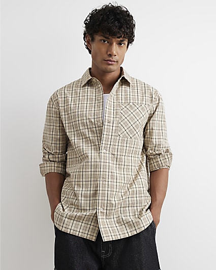 Beige Oversized Fit Cotton Check Shirt