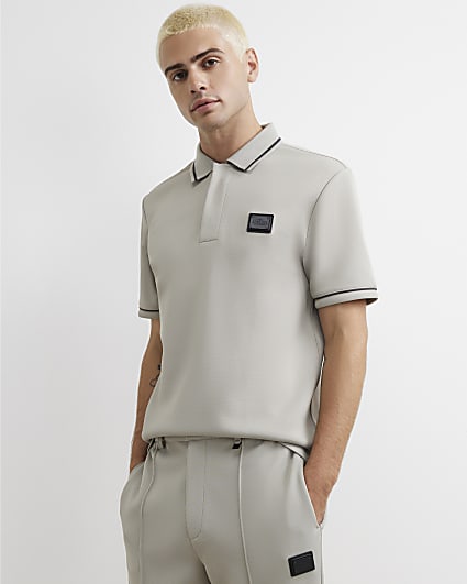 Grey Slim Fit Pique Badge Polo Shirt