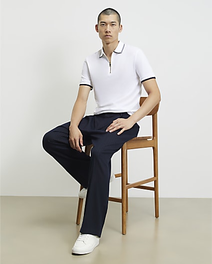 White Slim Fit Tipped Cotton Zip Polo Shirt