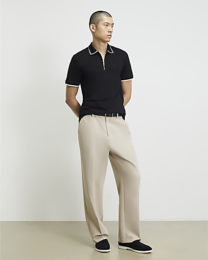 Black Slim Fit Tipped Cotton Zip Polo Shirt