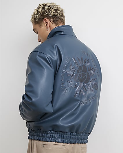 Blue Faux Leather Embroidered Bomber Jacket