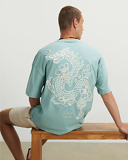 Blue Cotton Dragon Flower Embroidery T-Shirt