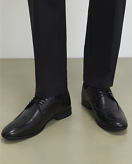 Black Wide Fit Leather Brogue Shoes