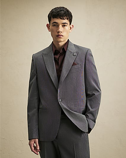 Grey Slim Fit Pinstripe Suit Jacket