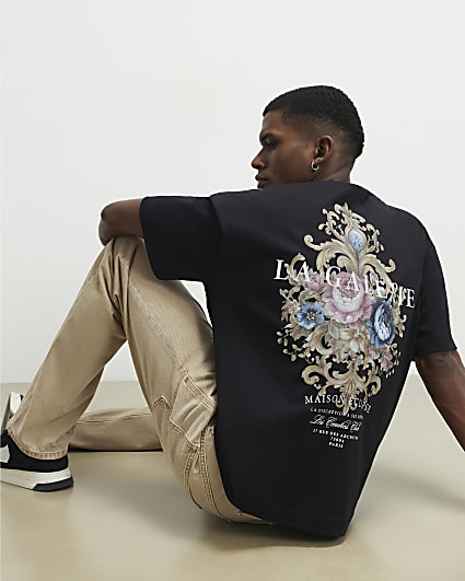Black Oversized Cotton Floral Baroque T-Shirt