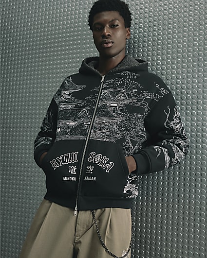 Black Cotton Japanese Print Borg Lined Hoodie