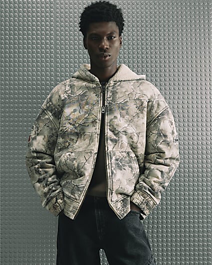 Green Cotton Camo Print Quilted Lined Hoodie