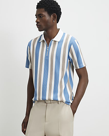 Blue Slim Fit Stripe Zip Textured Polo Shirt