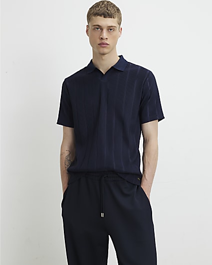 Navy Slim Fit Textured On Polo Shirt