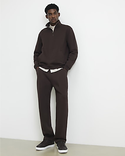 Brown Regular Fit Cotton Half Zip Sweatshirt