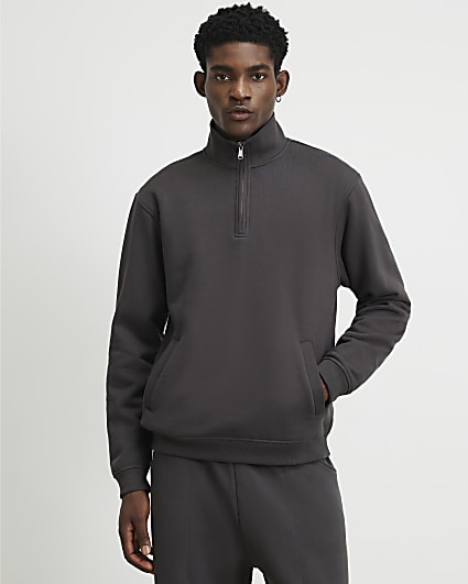 Grey Regular Fit Cotton Half Zip Sweatshirt