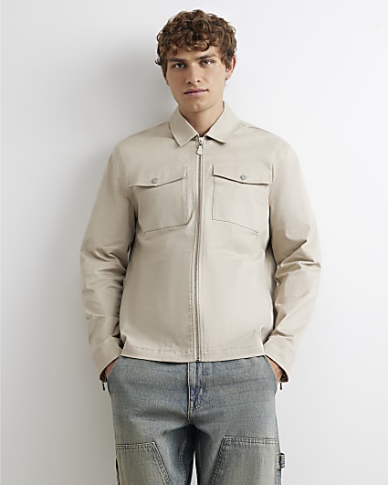 Beige Corduroy Collar Cotton Twill Overshirt
