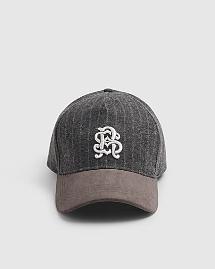 Grey Cotton Pinstripe Script Embroidered Cap