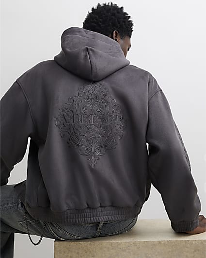 Grey Cotton Baroque Zip Through Hoodie