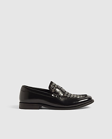 Black Faux Leather Diamante Loafers