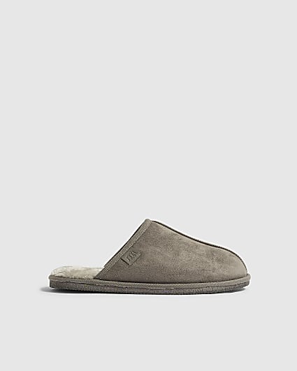 Grey Faux Fur Lined Slip On Mule Slippers