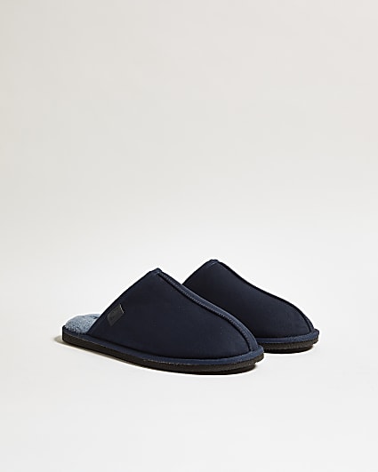 Navy Fur Lined Slip On Mule Slippers