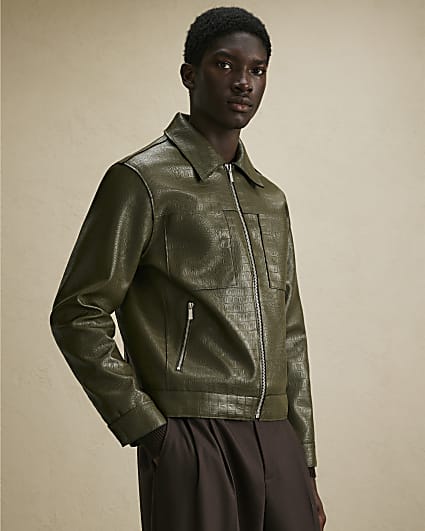Khaki Faux Leather Textured Shacket