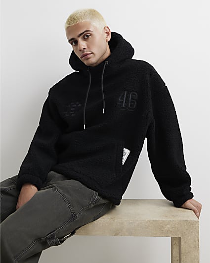 Black Oversized Fit Borg 46 Hoodie