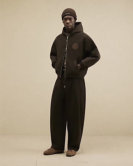 Brown Crest Pleated Barrel Leg Joggers