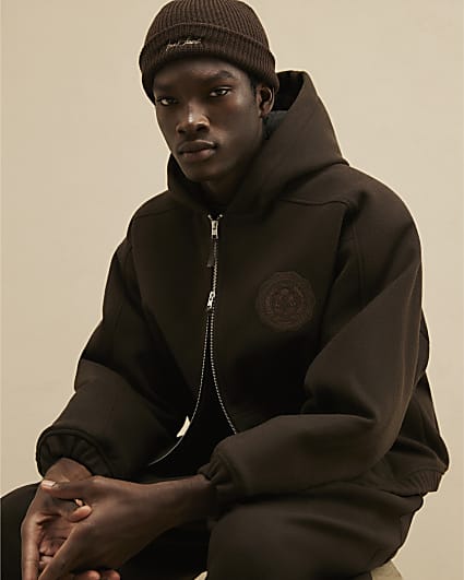 Brown Oversized Fit Crest Quilted Hoodie