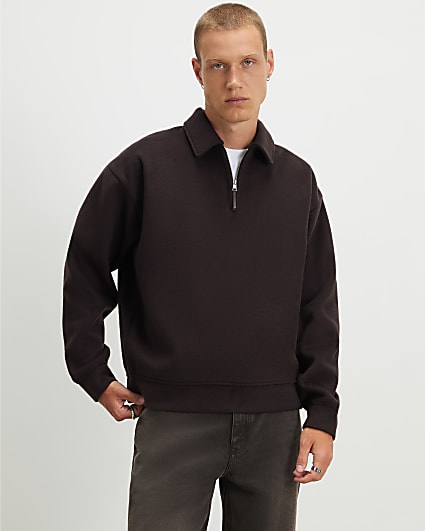 Brown Embroidered Quarter Zip Polo Sweatshirt