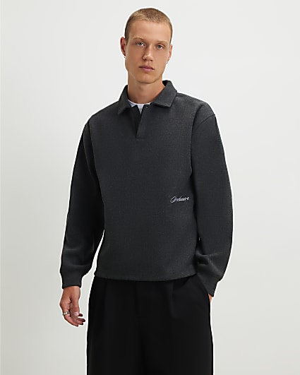 Grey Embroidered Buttoned Polo Sweatshirt