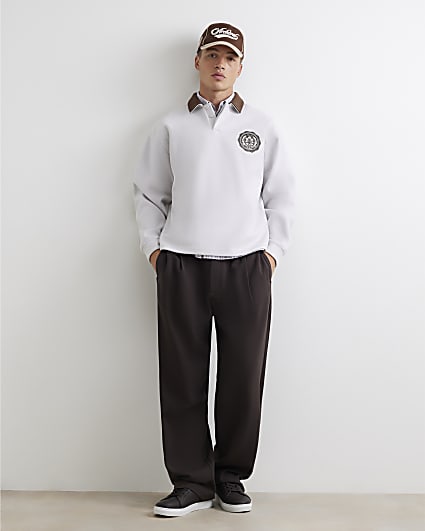 Grey Oversized Fit Felt Crest Polo Shirt