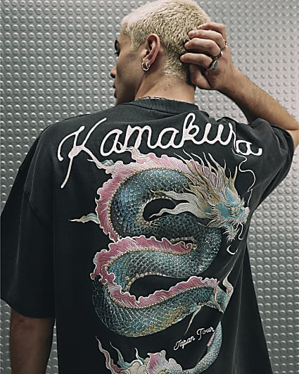 Black Cotton Washed Dragon T-Shirt