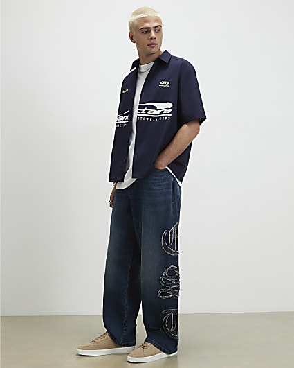 Blue Baggy Fit Embroidered Jeans