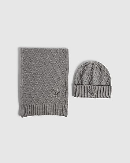 Grey Diamond Knit Scarf And Hat Gift Set