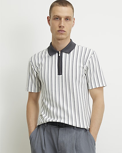White Muscle Fit Stripe Textured Polo Shirt