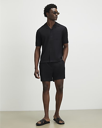 Black Short Sleeve Regular Fit Seersucker Set