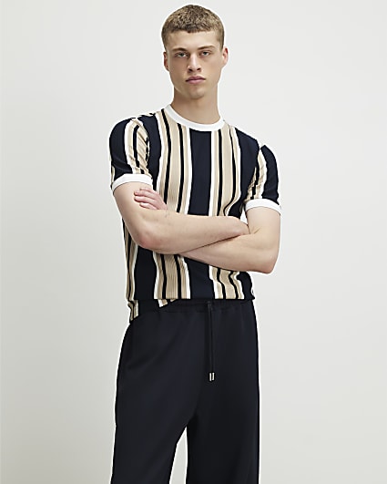 Navy Muscle Fit Stripe Textured T-Shirt