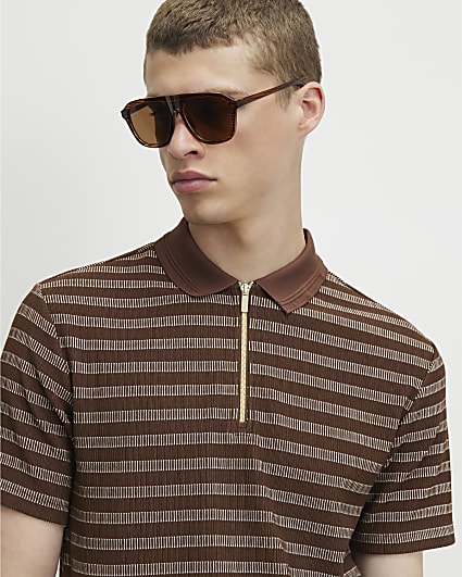 Brown Muscle Fit Stripe Textured Polo Shirt