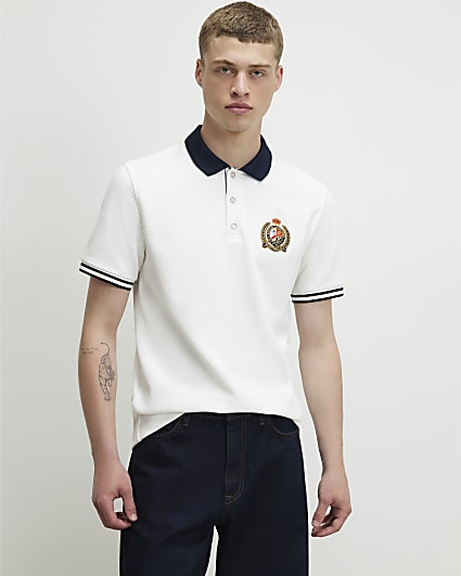 White Slim Fit Tipped Crest Polo Shirt