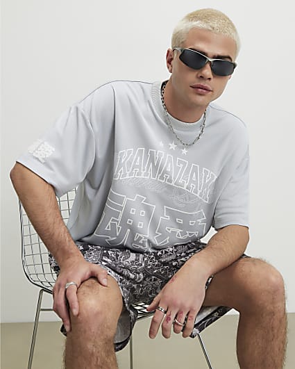 Grey Oversized Fit Mesh Kanazaki T-Shirt