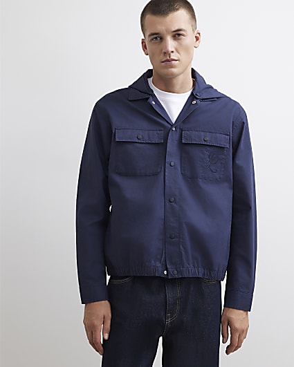 Navy Cotton Hooded Snap Button Overshirt