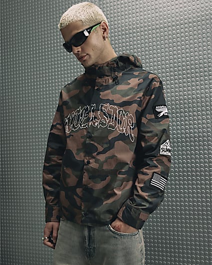 Brown Cotton Camouflage Hooded Shirt