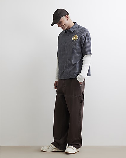 Blue Cotton Check Double Layer Crest Shirt