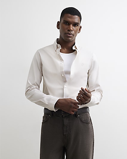 Beige Muscle Fit Cotton Long Sleeve Shirt