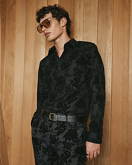 Black Twisted Tailor Floral Flocked Shirt