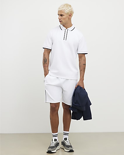 White Slim Fit Tipped Polo Shirt Set
