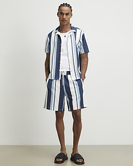 Blue Regular Fit Textured Stripe Shorts